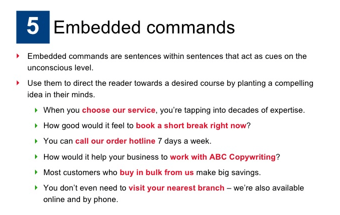 How to prime the brain to put your prospect/people in the right frame of mind…allowing you messages to sink deeply into the unconscious.(Embedded Commands) How to prime the brain to put your prospect/people in the right frame of mind…allowing you messages to sink deeply into the unconscious.(Embedded Commands)