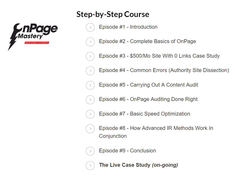 The course is split into several sections, covering everything from basic OnPage to advanced IR to evaluating common errors SEOs miss（OnPage Mastery）
